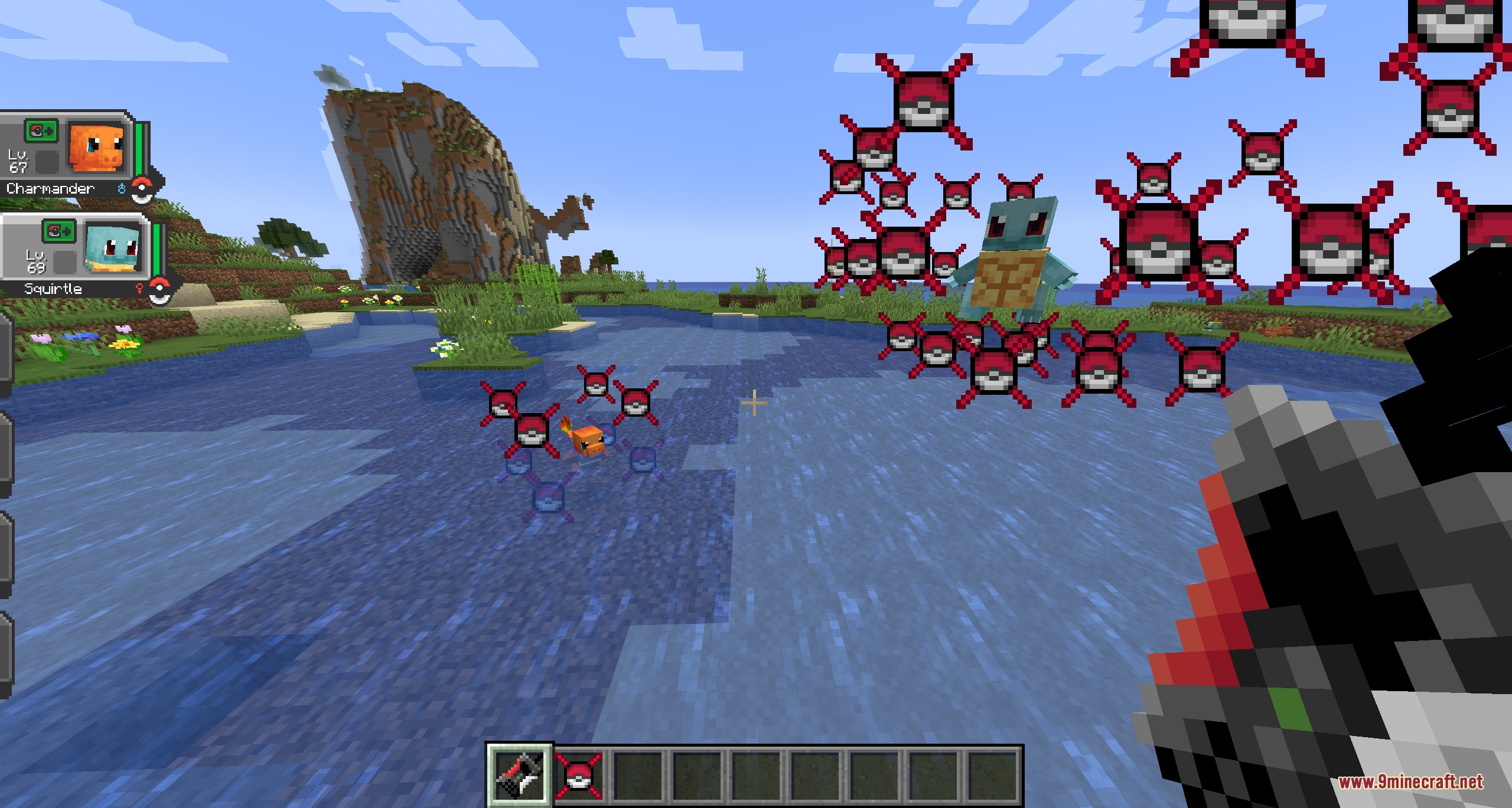Monbarrier Invisible Boundary Mod Screenshot 4 Red Pokeball icons show invisible boundaries containing Pokemon near a river