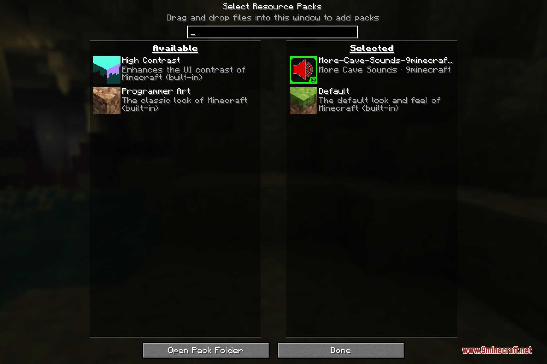 Selecting the More Cave Sounds resource pack in the Minecraft Resource Packs menu