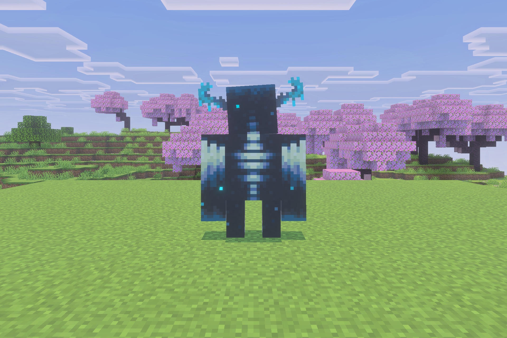 Morph Into Mobs Addon Screenshot 1 A player transformed into a Warden standing in a cherry blossom biome