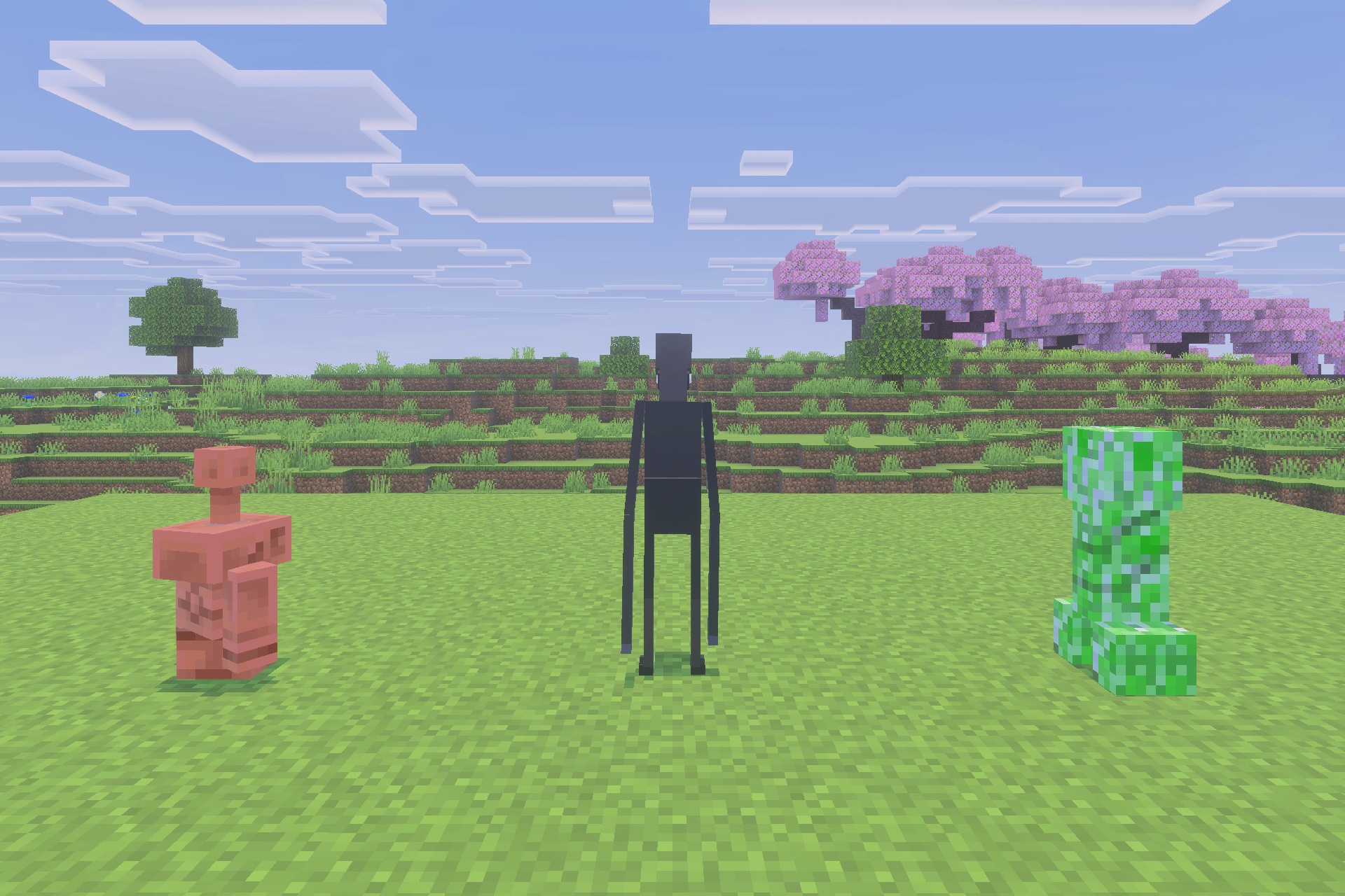 Morph Into Mobs Addon Screenshot 2 A Copper Golem Enderman and Creeper standing together in a cherry grove