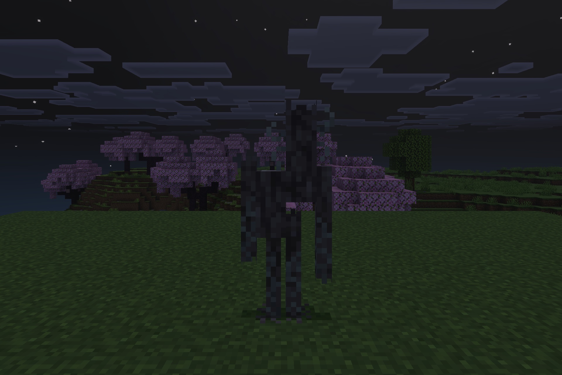 Morph Into Mobs Addon Screenshot 5 A tall shadowy creature standing in a field near pink cherry blossom trees