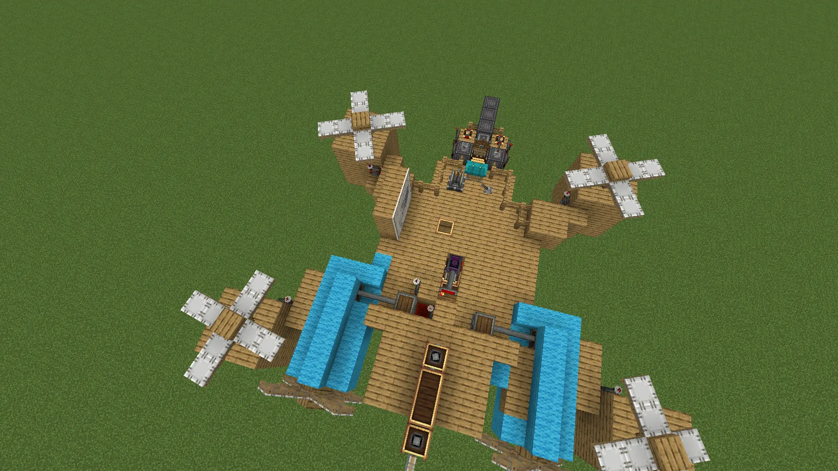 Multi Terain Drone Schematic Screenshots 2 Aerial view of a large wooden drone with four white rotors in Minecraft