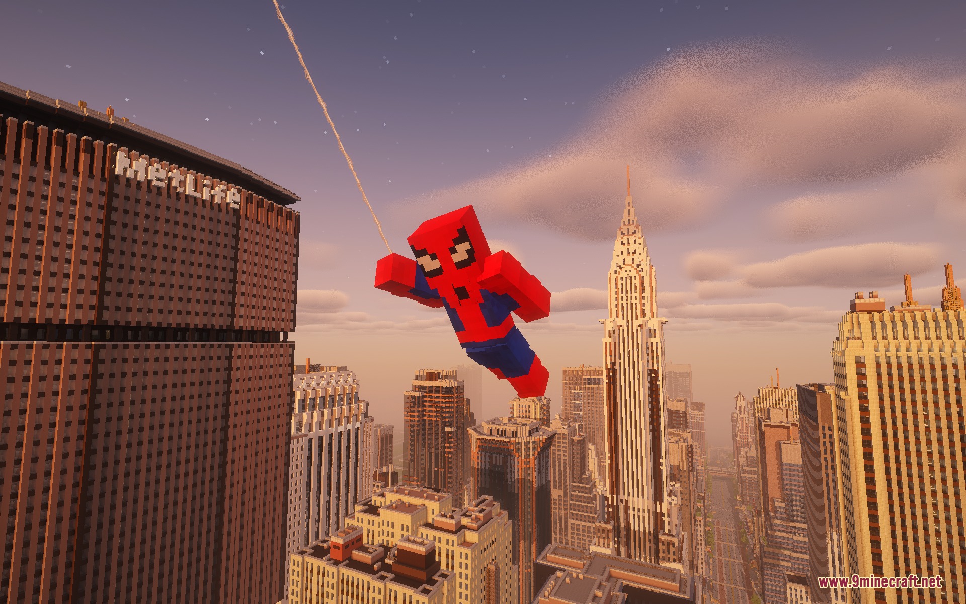 Multiverse Heroic Protocol Mod Screenshot 1 Spider Man swinging through a blocky city using a web line near skyscrapers