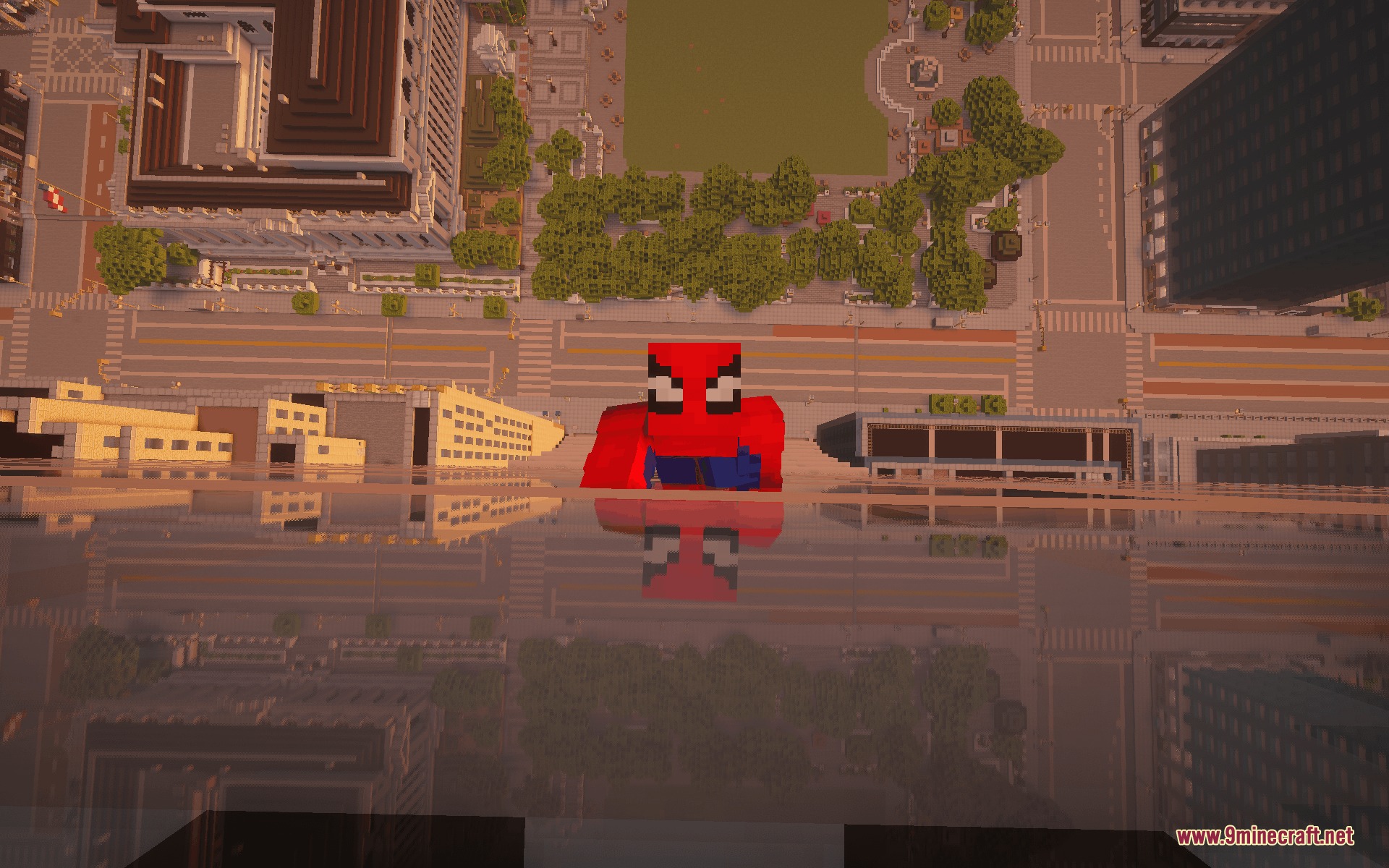 Multiverse Heroic Protocol Mod Screenshot 2 Spider Man looking down at the city streets from the top of a skyscraper