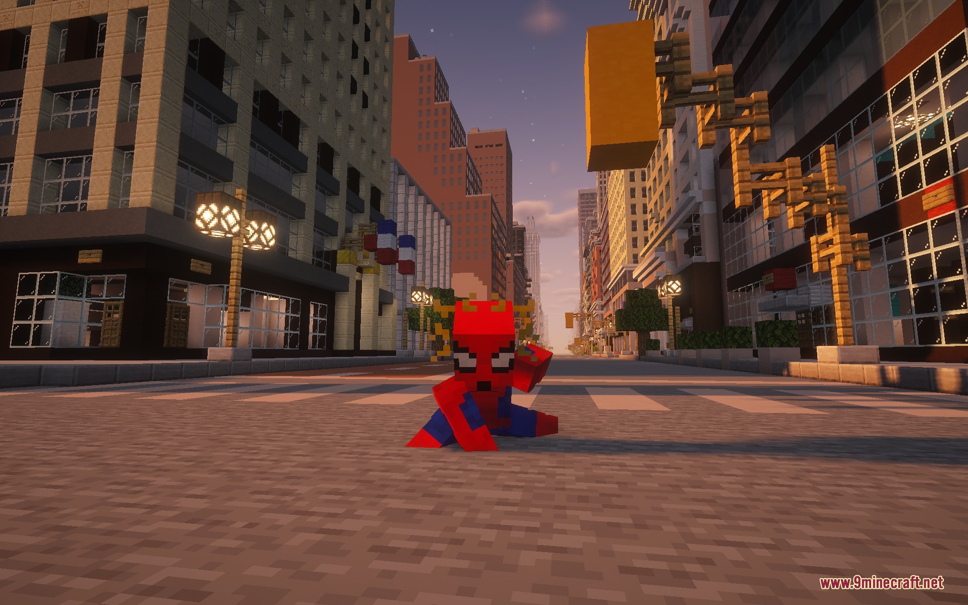 Multiverse Heroic Protocol Mod Screenshot 3 Spiderman character crouching in a heroic pose on a Minecraft city street