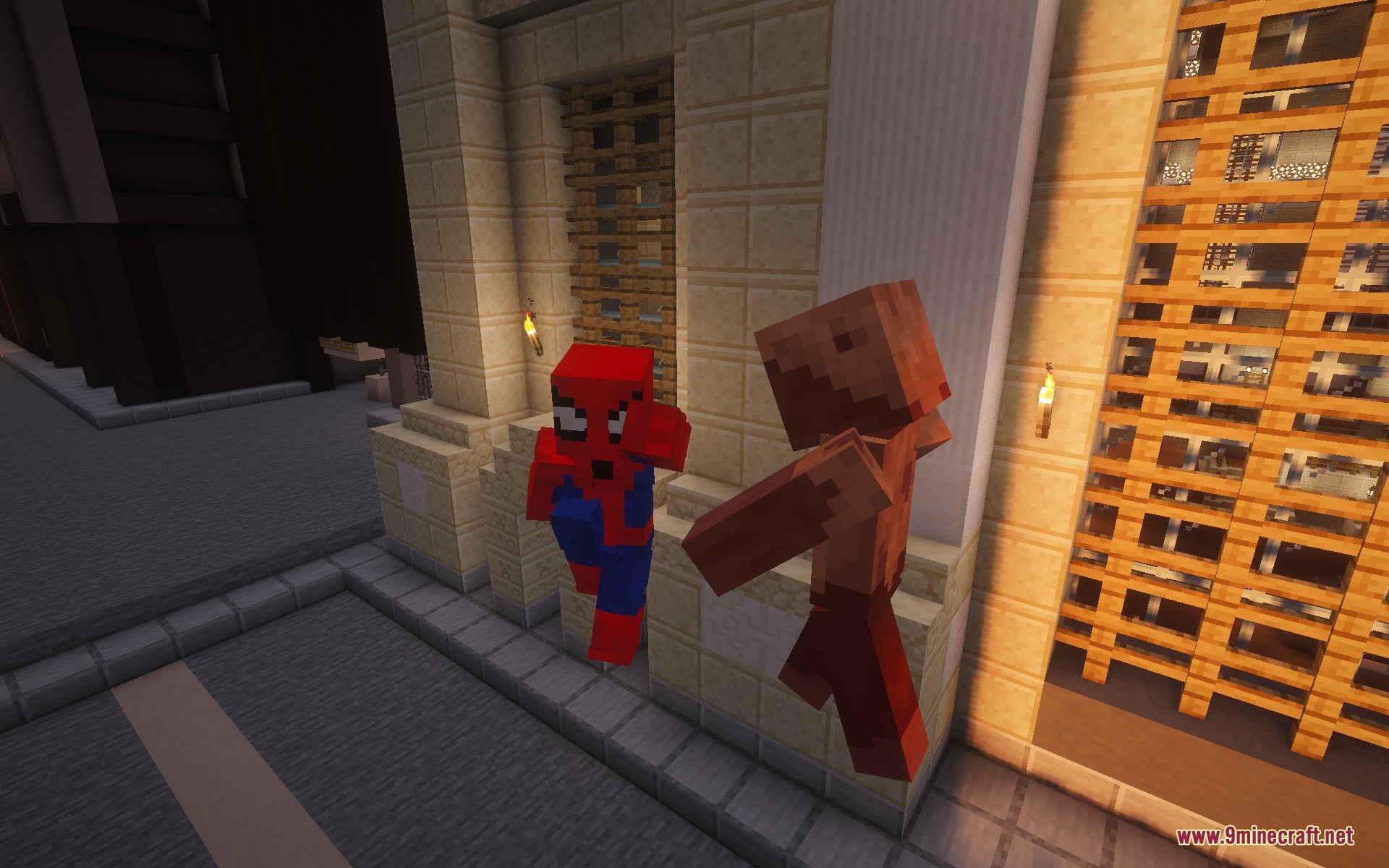 Multiverse Heroic Protocol Mod Screenshot 4 Spiderman character fighting a brown enemy mob against a Minecraft city building