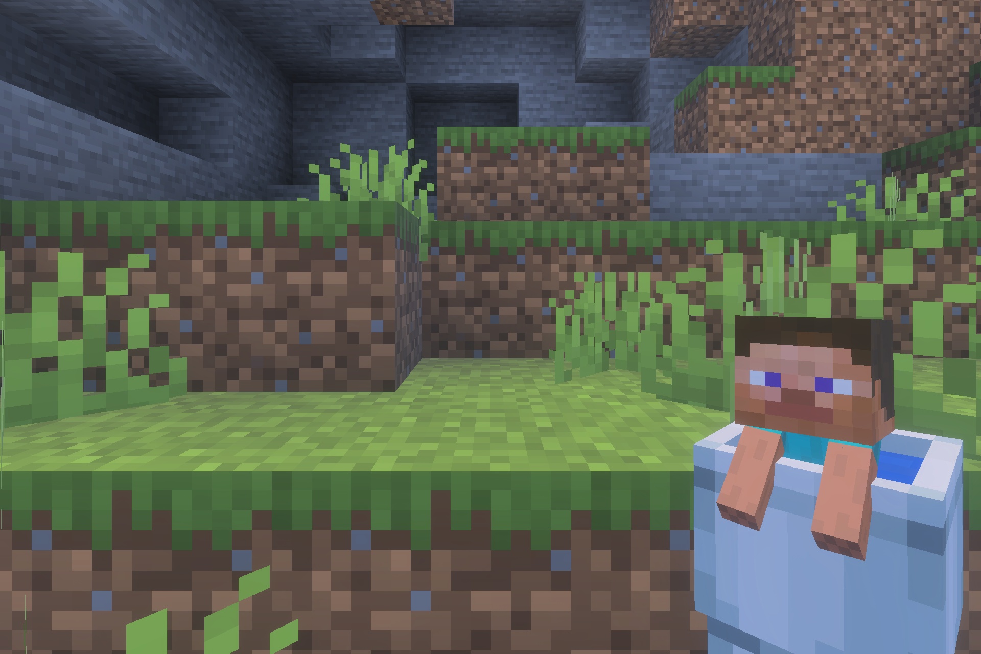 My Totem Doll 3d Texture Pack Screenshot 5 A player holding a 3D miniature Steve totem doll in a grassy field