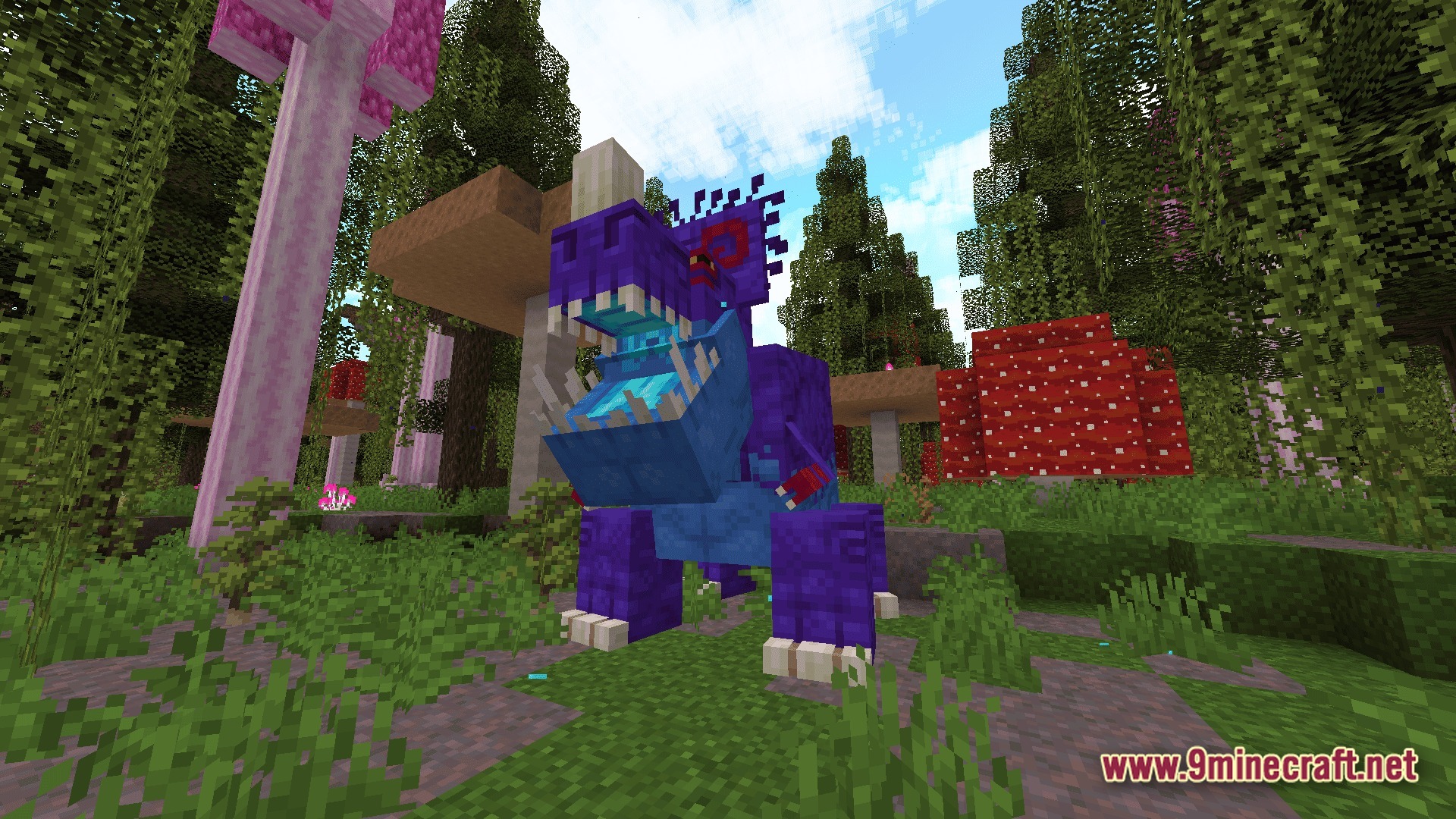 A large purple and blue dinosaur creature stands within a vibrant mushroom forest biome