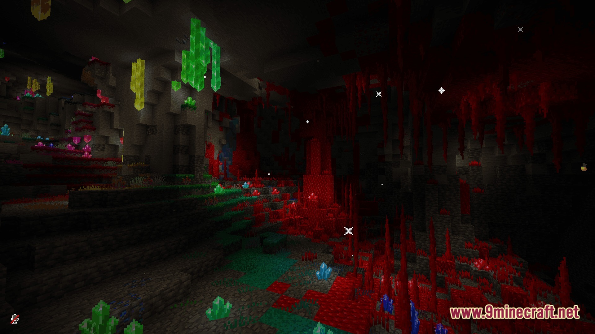 A dark cavern filled with glowing crystals and red stalactites from the Mystic Realm Awakened modpack