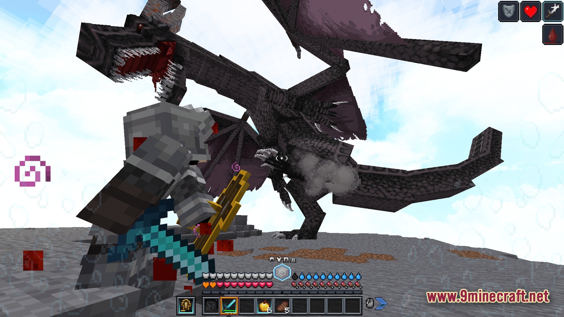 An armored player engages a large black dragon in combat on a rocky mountain peak