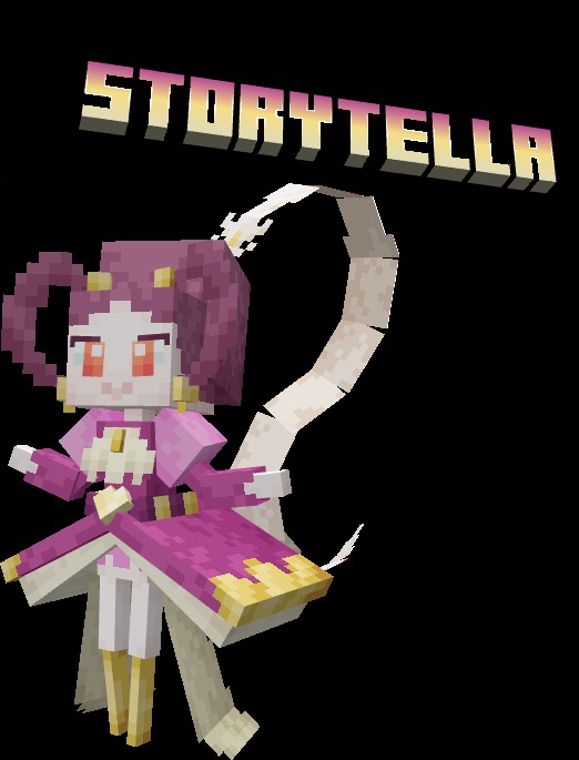 Mythic Fossil Fusions Data Pack Screenshot 1 A pink and white magical character named Storytella with a flowing cape