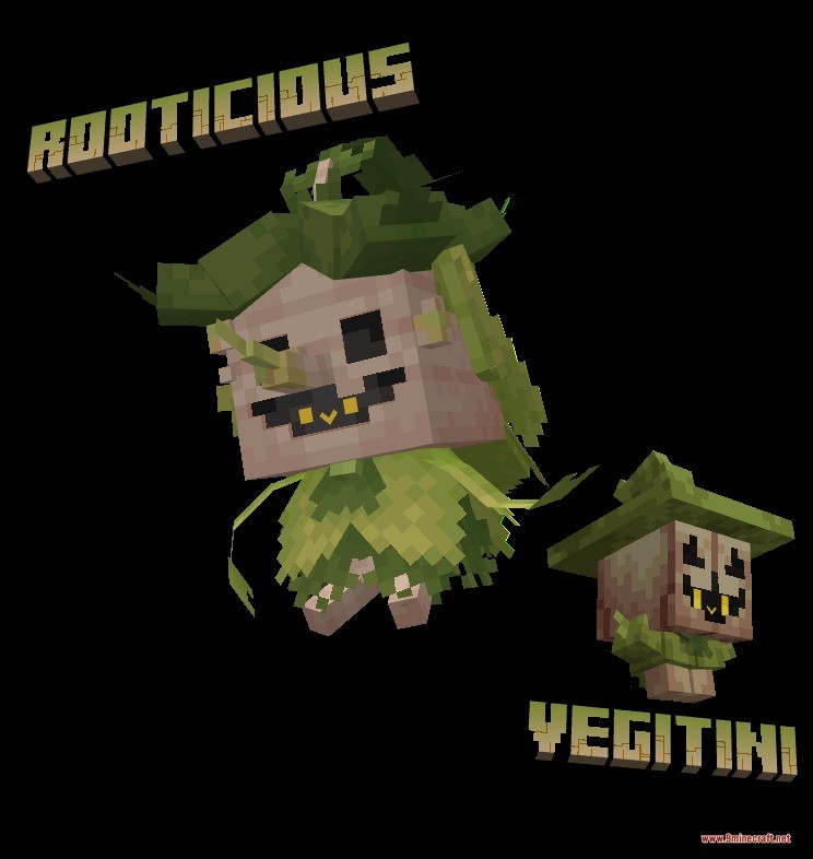 Mythic Fossil Fusions Data Pack Screenshot 10 A green plant creature named Rooticious floats next to a small Vegitini