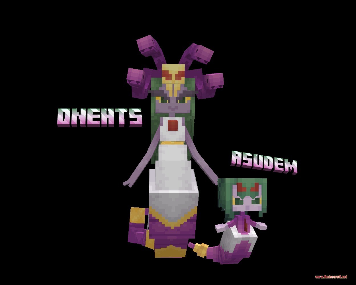 Mythic Fossil Fusions Data Pack Screenshot 2 Two purple and green snake creatures named Dnehts and Asudem posing together