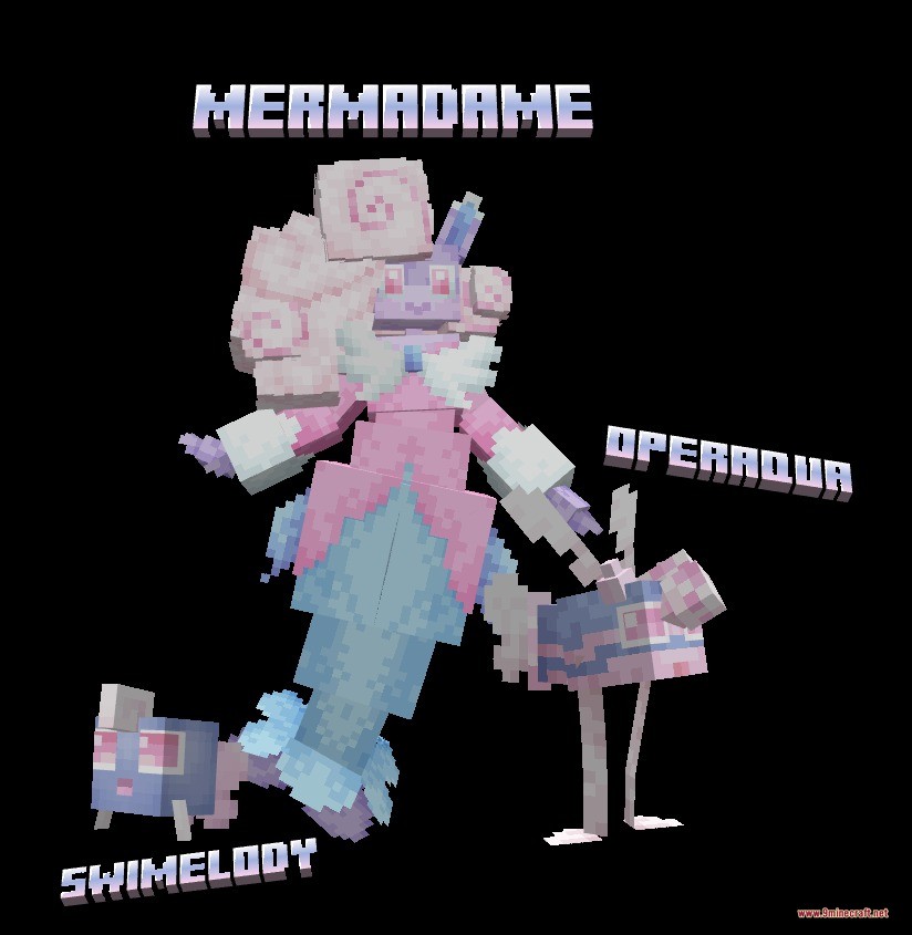 Mythic Fossil Fusions Data Pack Screenshot 3 Three aquatic creatures named Swimelody Operaqua and Mermadame showing their evolution stages