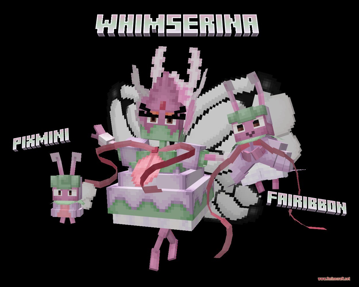 Mythic Fossil Fusions Data Pack Screenshot 4 Three fairy creatures named Pixmini Fairibbon and Whimserina showing their evolution stages