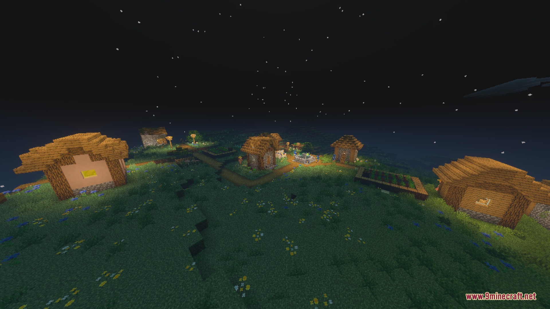 A quiet Minecraft village illuminated by warm lights under a starry night sky