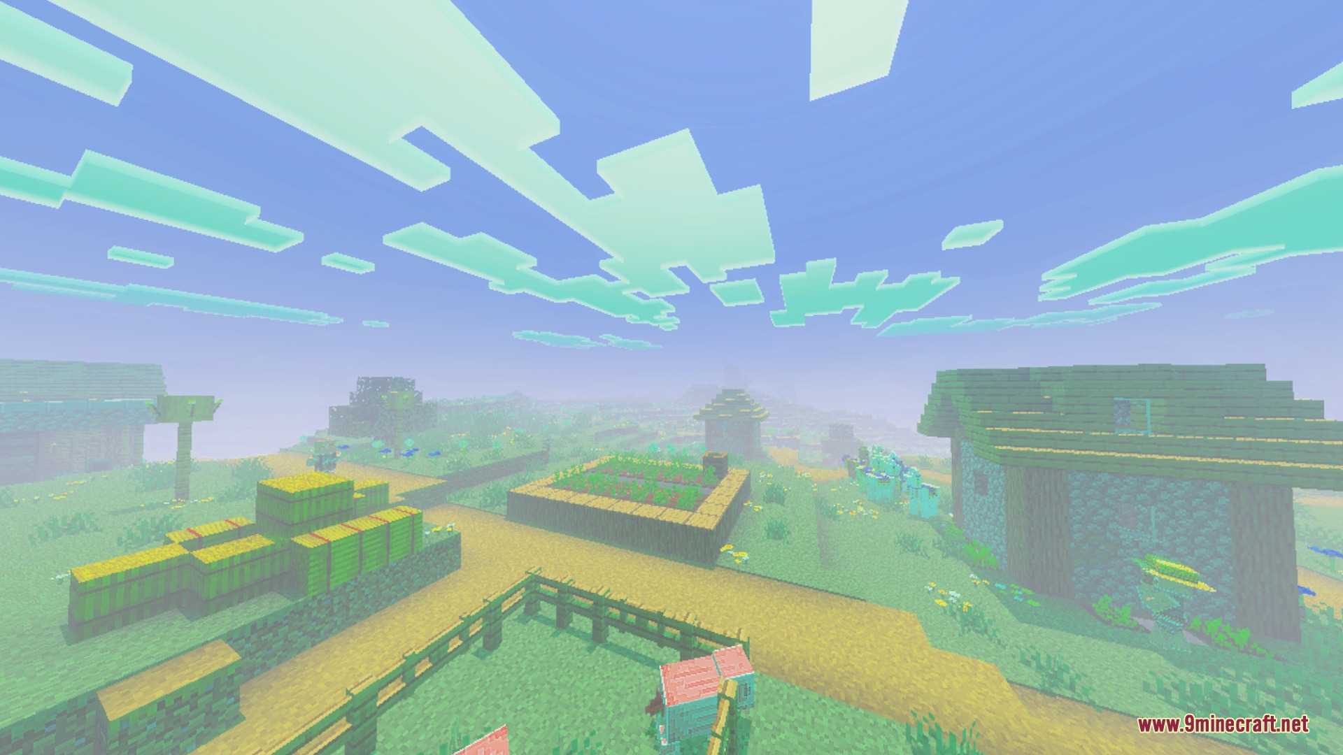 A vibrant Minecraft village landscape with soft lighting and colorful sky tones