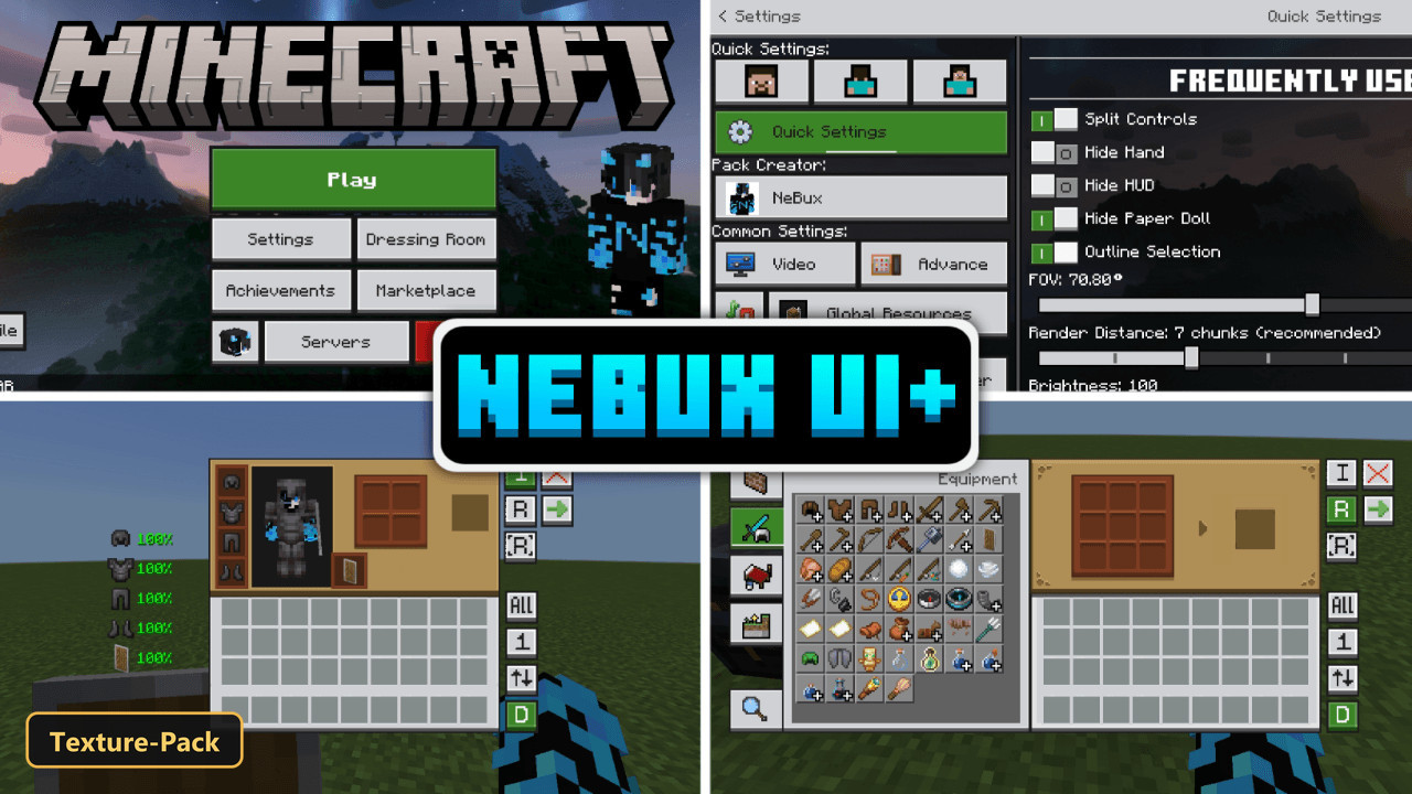 main menu, character in blue and black armor, title over landscape