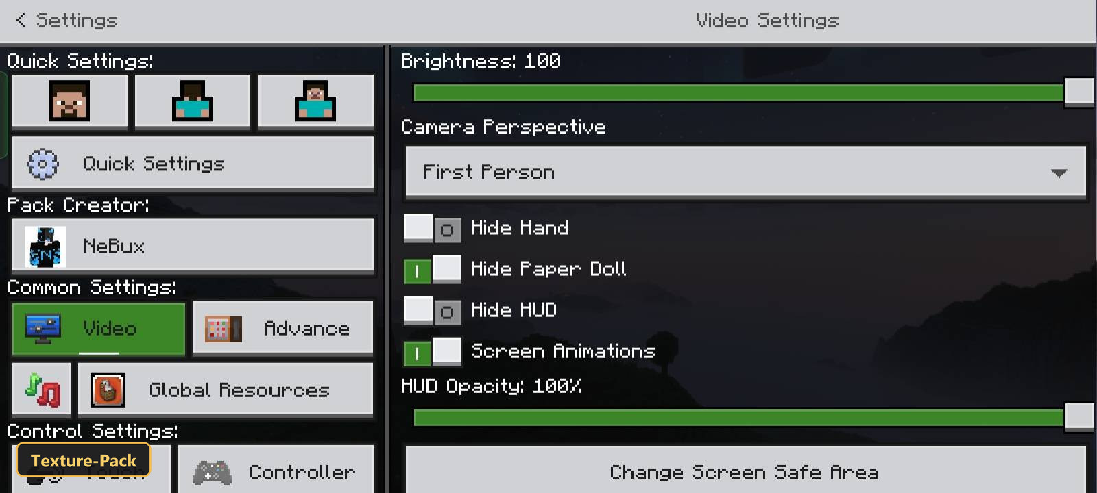video settings menu with dark background and green highlights