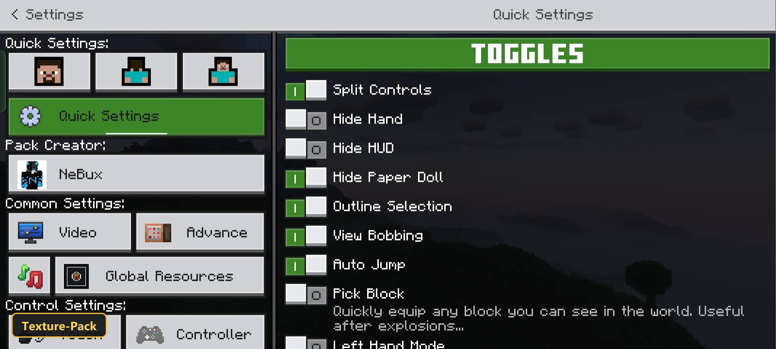 quick settings menu with dark background and green highlights