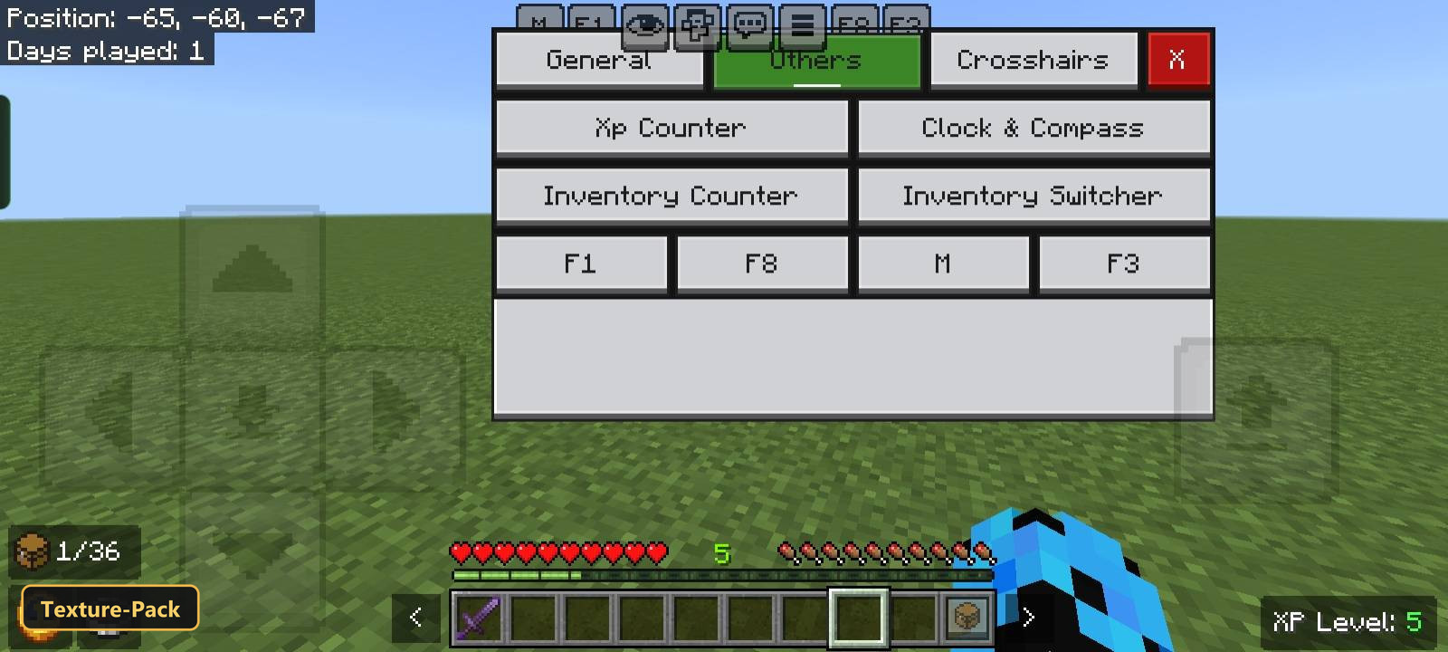 settings menu over flat grassy world, clear sky, with controls