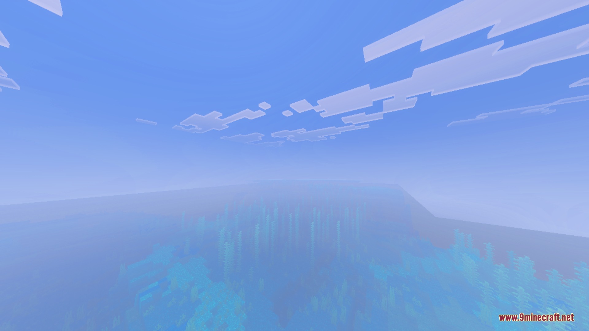Nebux Visuals Shader Screenshot 1 A vast Minecraft ocean with underwater kelp and thick atmospheric biome fog