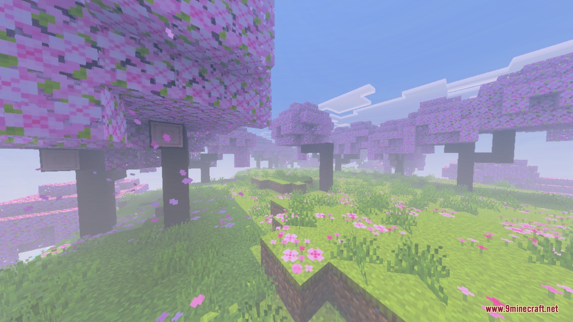 Nebux Visuals Shader Screenshot 6 Cherry blossom trees with pink leaves and flowers in a foggy forest biome