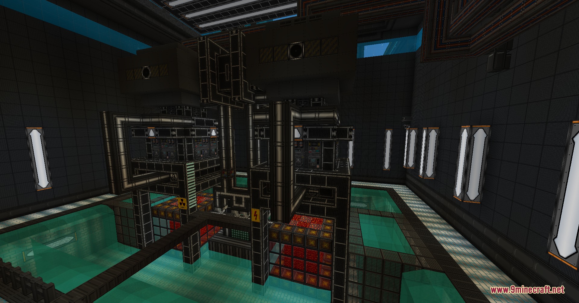 Industrial interior with metallic pipes glowing displays and large water tanks