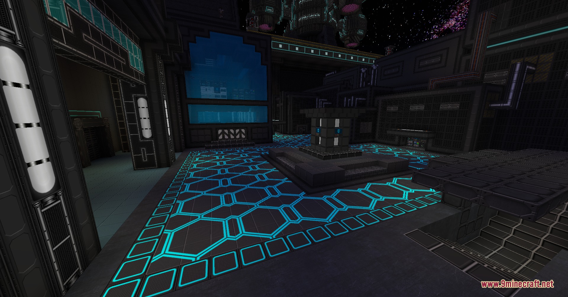 Futuristic room with glowing cyan floor patterns and dark metallic walls