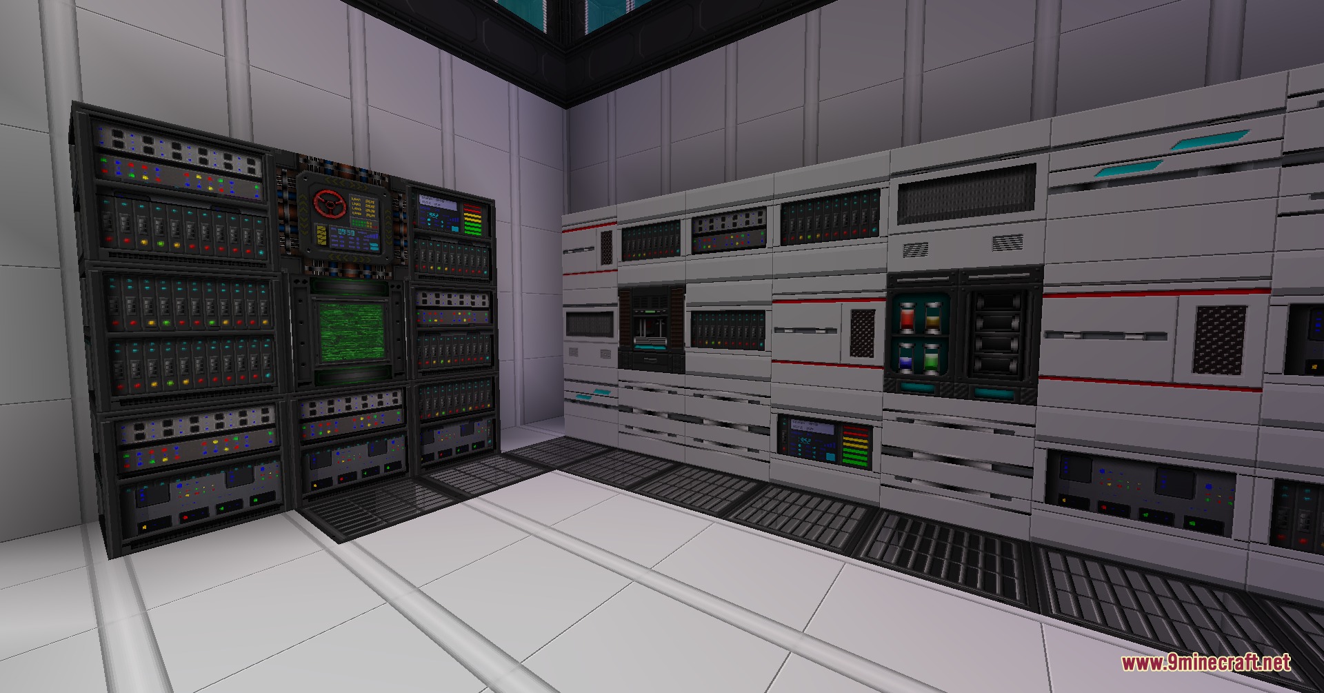 Server room with white walls and detailed glowing electronic display panels