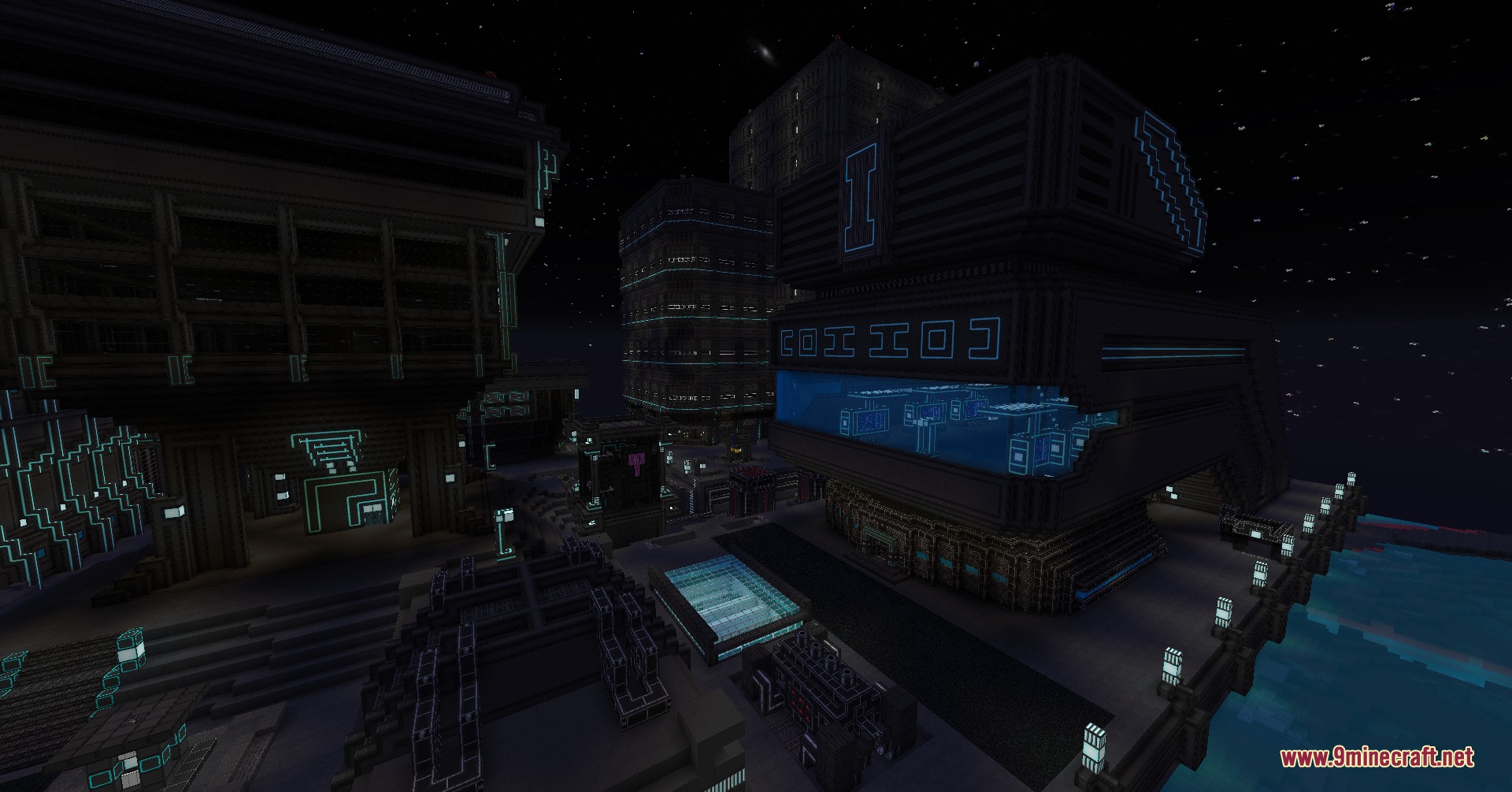 Futuristic city buildings with glowing neon lights during the night