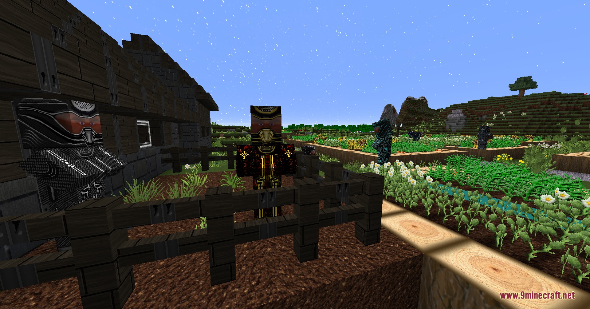 Characters wearing futuristic armor standing near a wooden fence in a garden