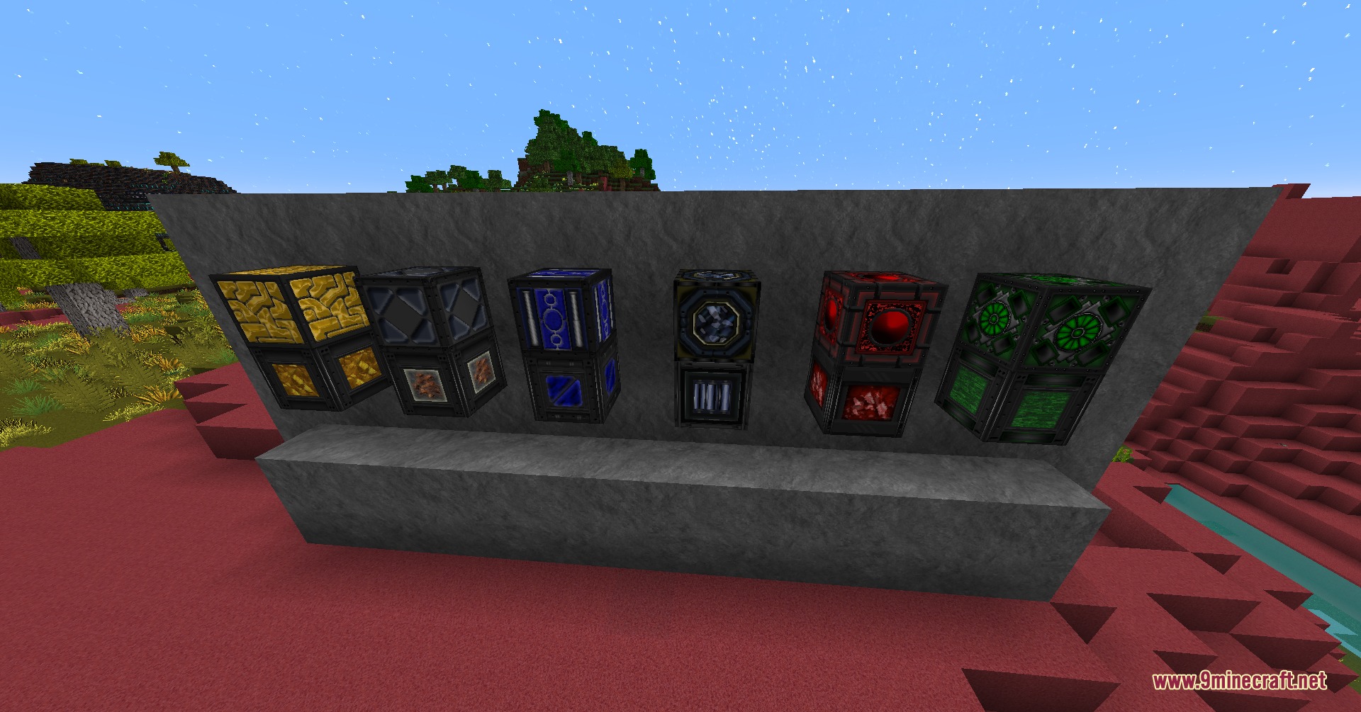 Advanced tech blocks with glowing patterns displayed on a grey stone structure
