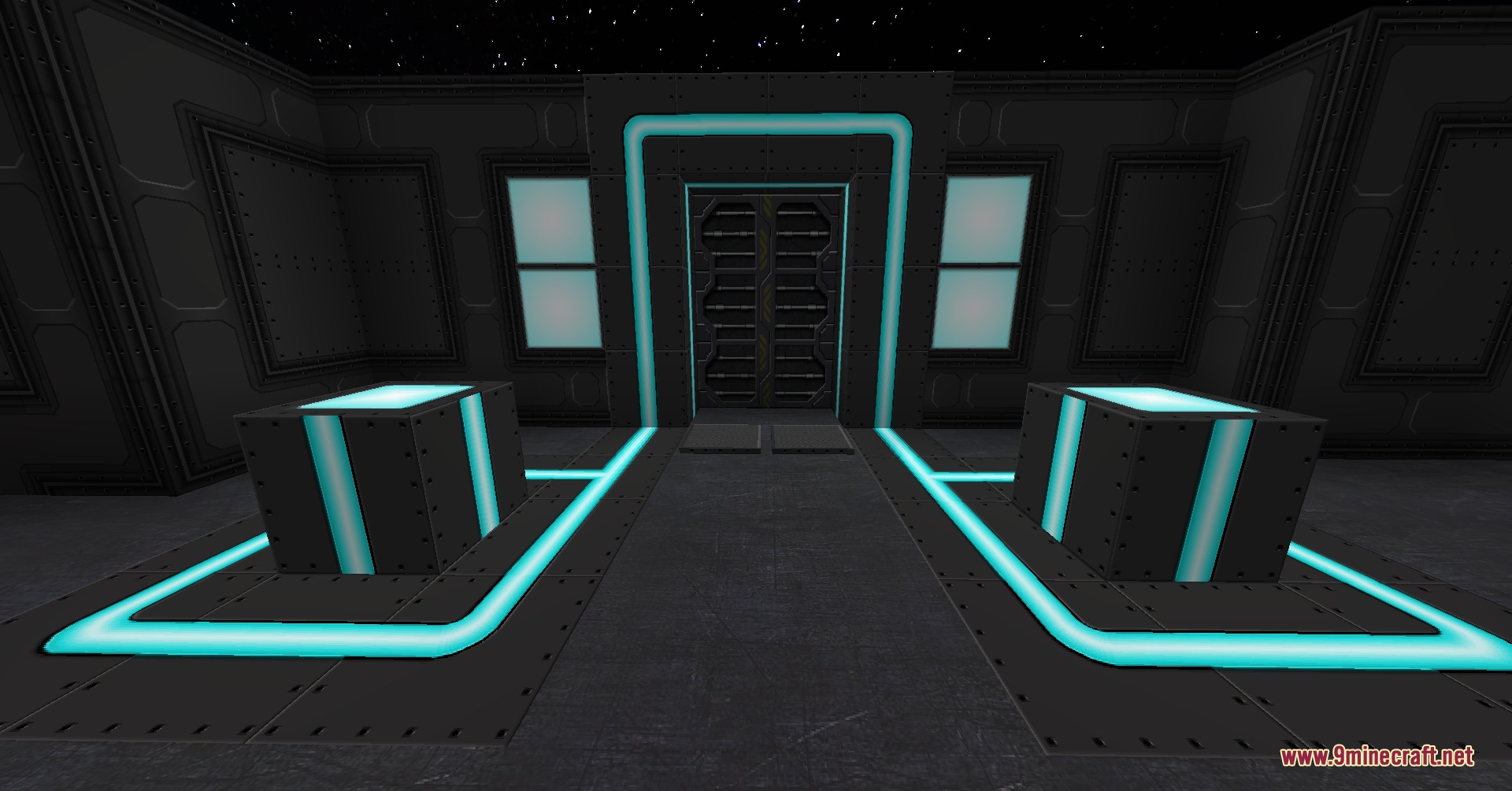 Futuristic room interior with metallic panels and glowing cyan neon lines on the floor