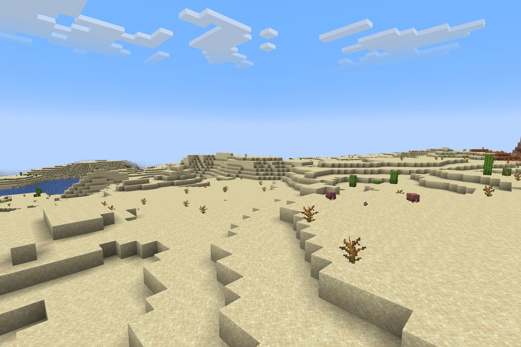 Vast desert landscape in Minecraft with sand dunes and green cacti