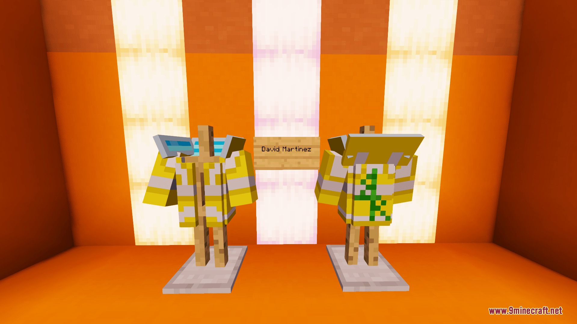 Two armor stands showcasing the David Martinez yellow jacket armor set in Minecraft