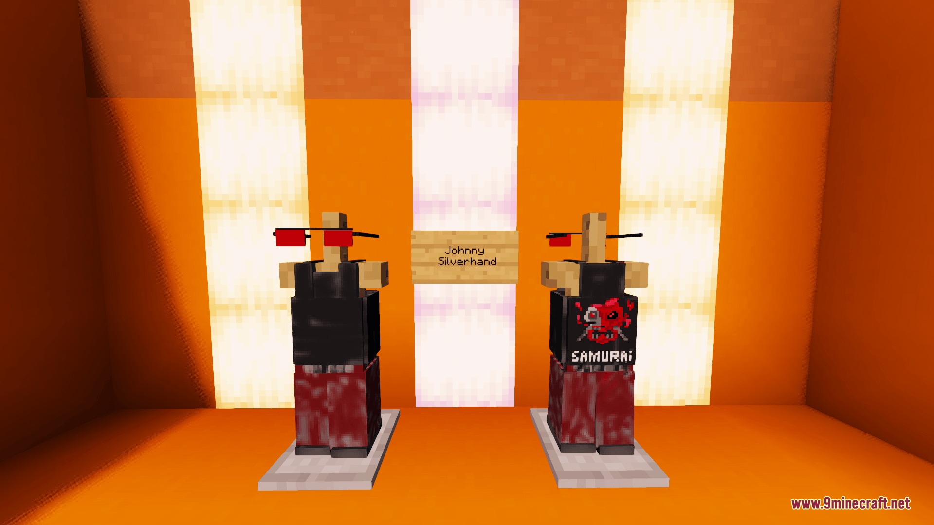 Two armor stands showcasing the Johnny Silverhand outfit with the Samurai logo
