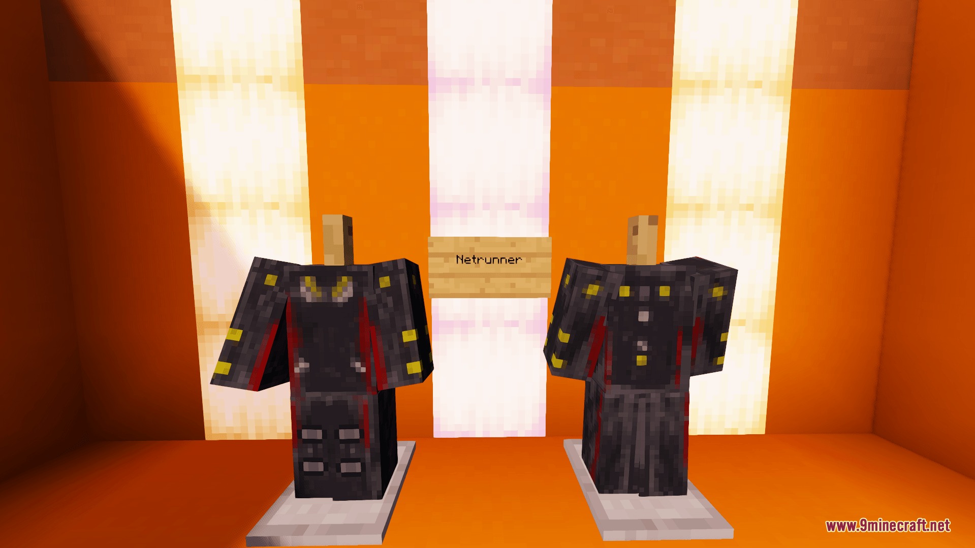 Two black and red Netrunner suits shown on armor stands in Minecraft