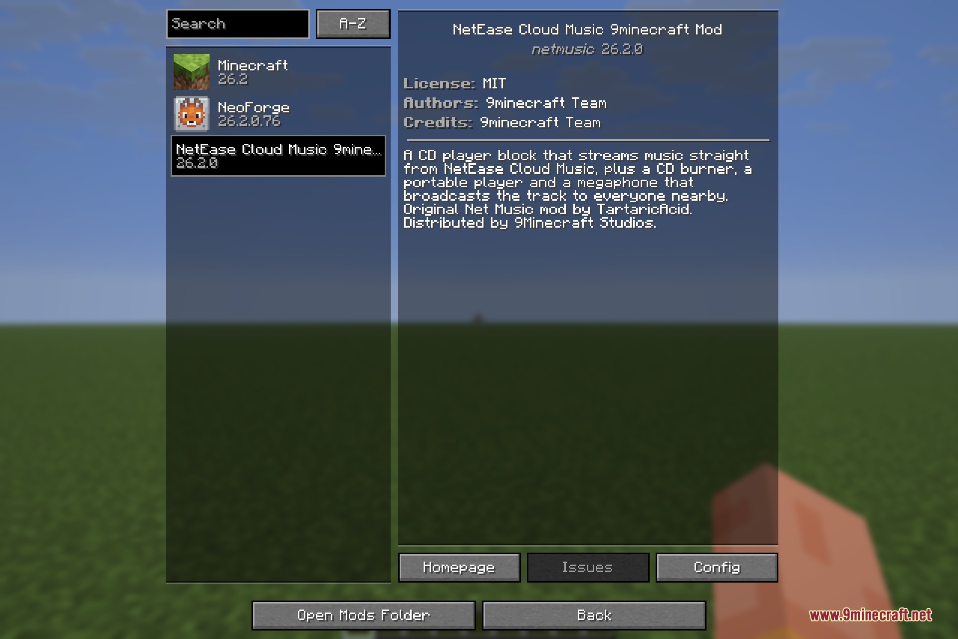 NetEase Cloud Music 9minecraft Mod Screenshot 1 Mod menu interface showing details for the NetEase Cloud Music mod