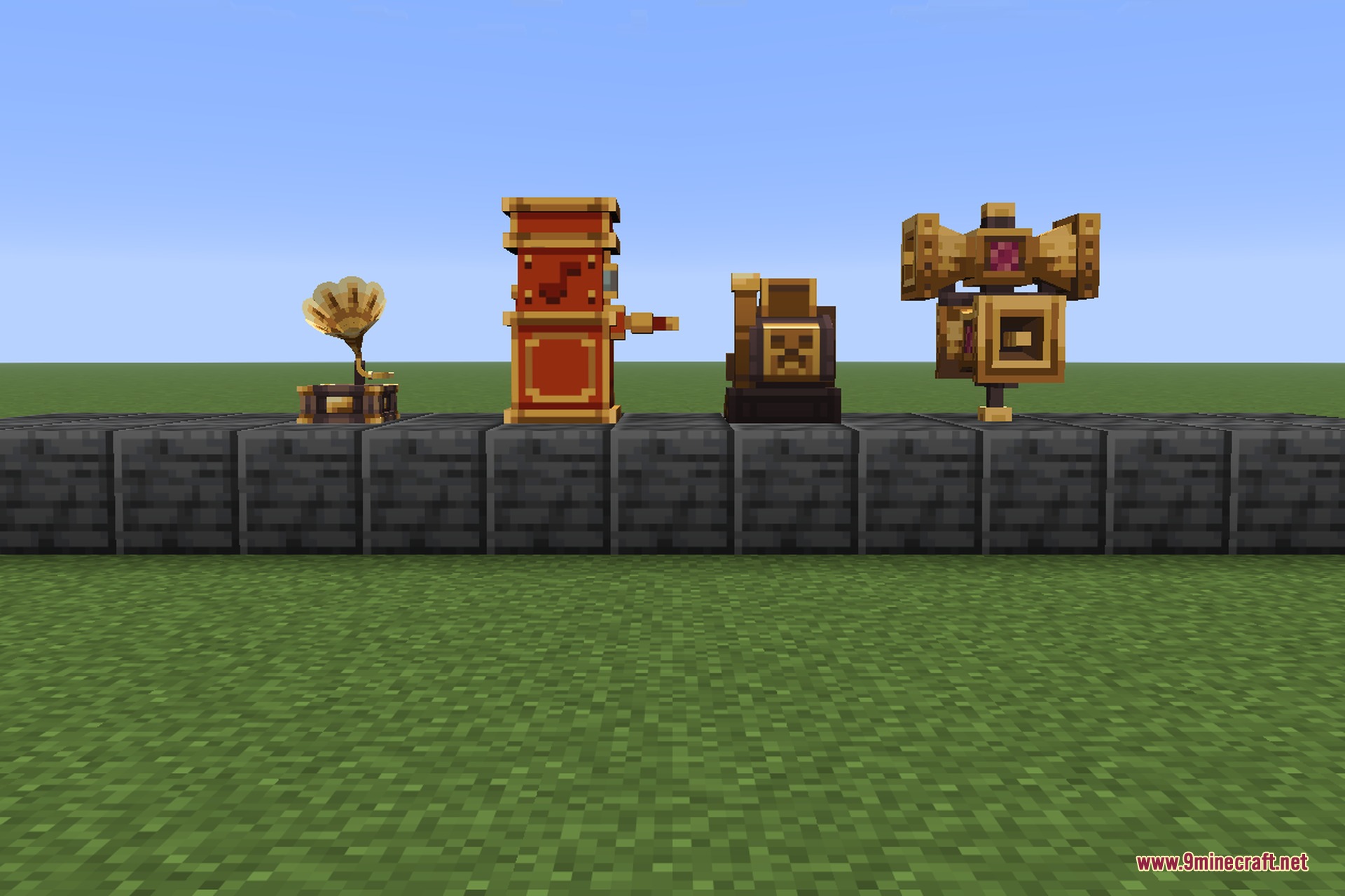 NetEase Cloud Music 9minecraft Mod Screenshot 2 Four custom music blocks displayed on a row of dark stone blocks