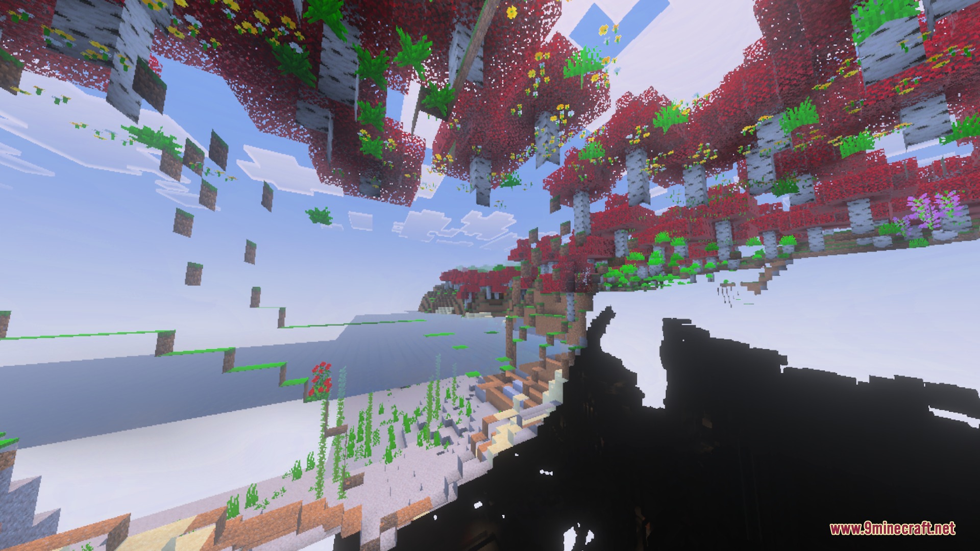 Nether's Optimizer+ Shader Screenshot 3 A distorted fisheye view of a Minecraft forest with red trees and water