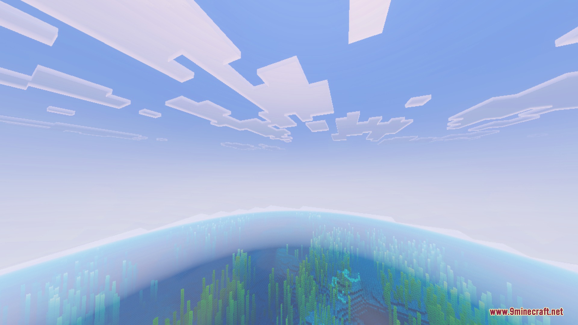 Nether's Optimizer+ Shader Screenshot 5 Clear blue sky with blocky clouds over a vast underwater kelp forest