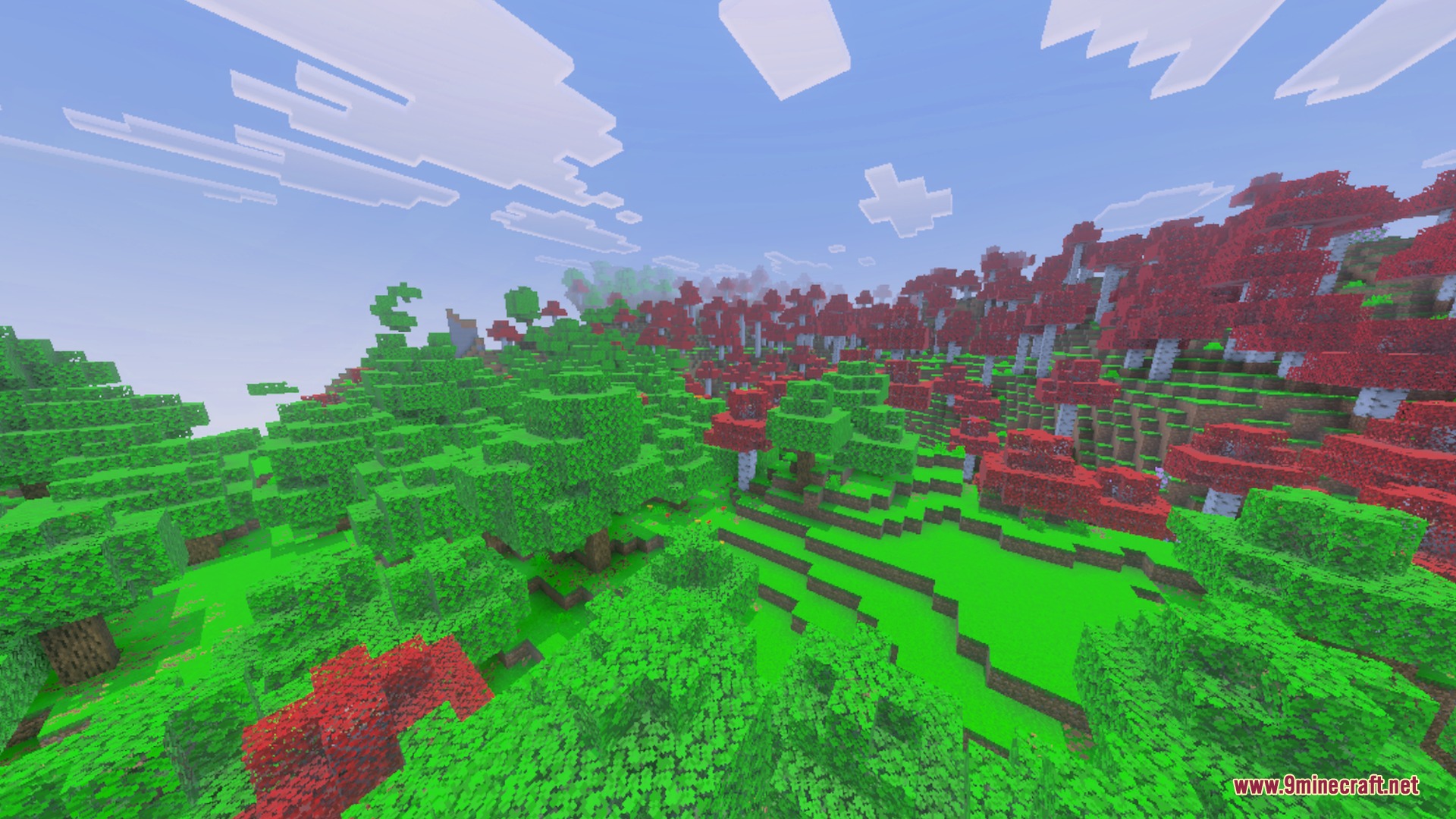 Nether's Optimizer+ Shader Screenshot 6 Lush forest landscape featuring vibrant green grass and trees with red leaves
