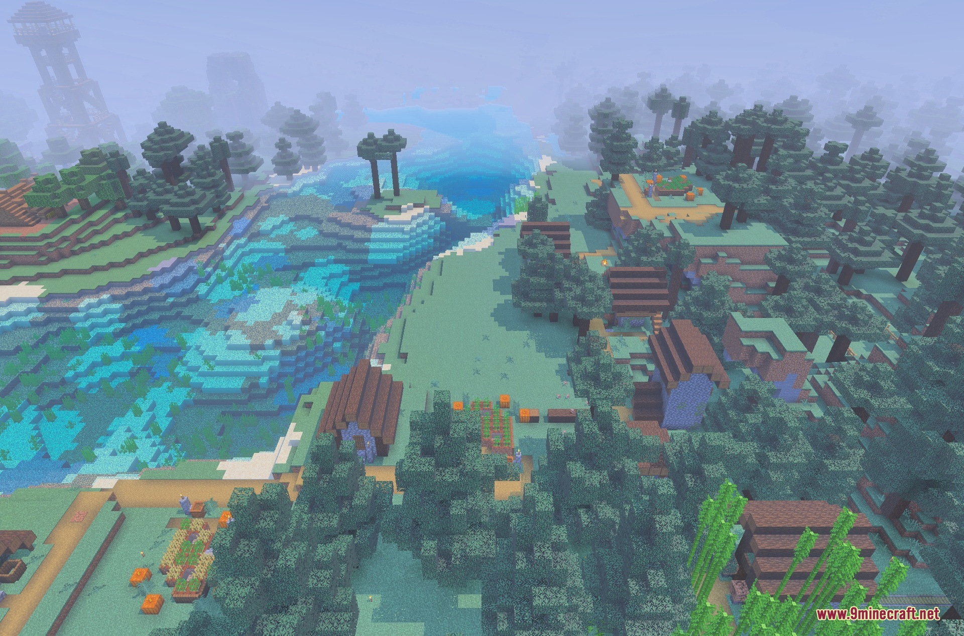 New Land SMP Map Screenshot 1 Aerial view of a custom village with houses and farms near a river