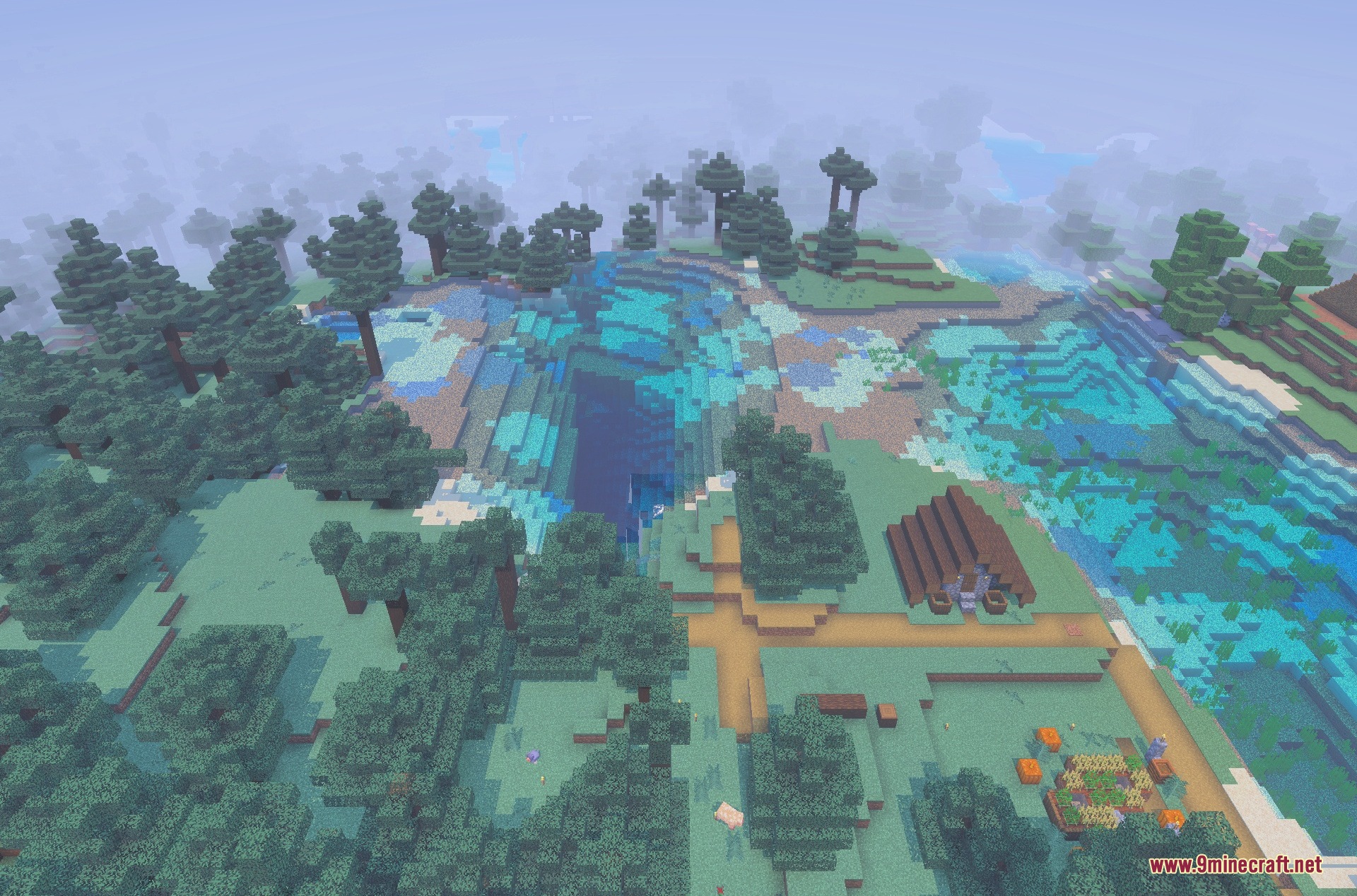 New Land SMP Map Screenshot 4 A village path leading toward a large lake surrounded by spruce trees