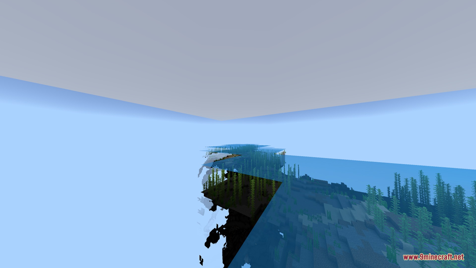 Newb X Manyzz IOS Shader Screenshot 1 Underwater kelp forest view showing a glitchy white and black world edge