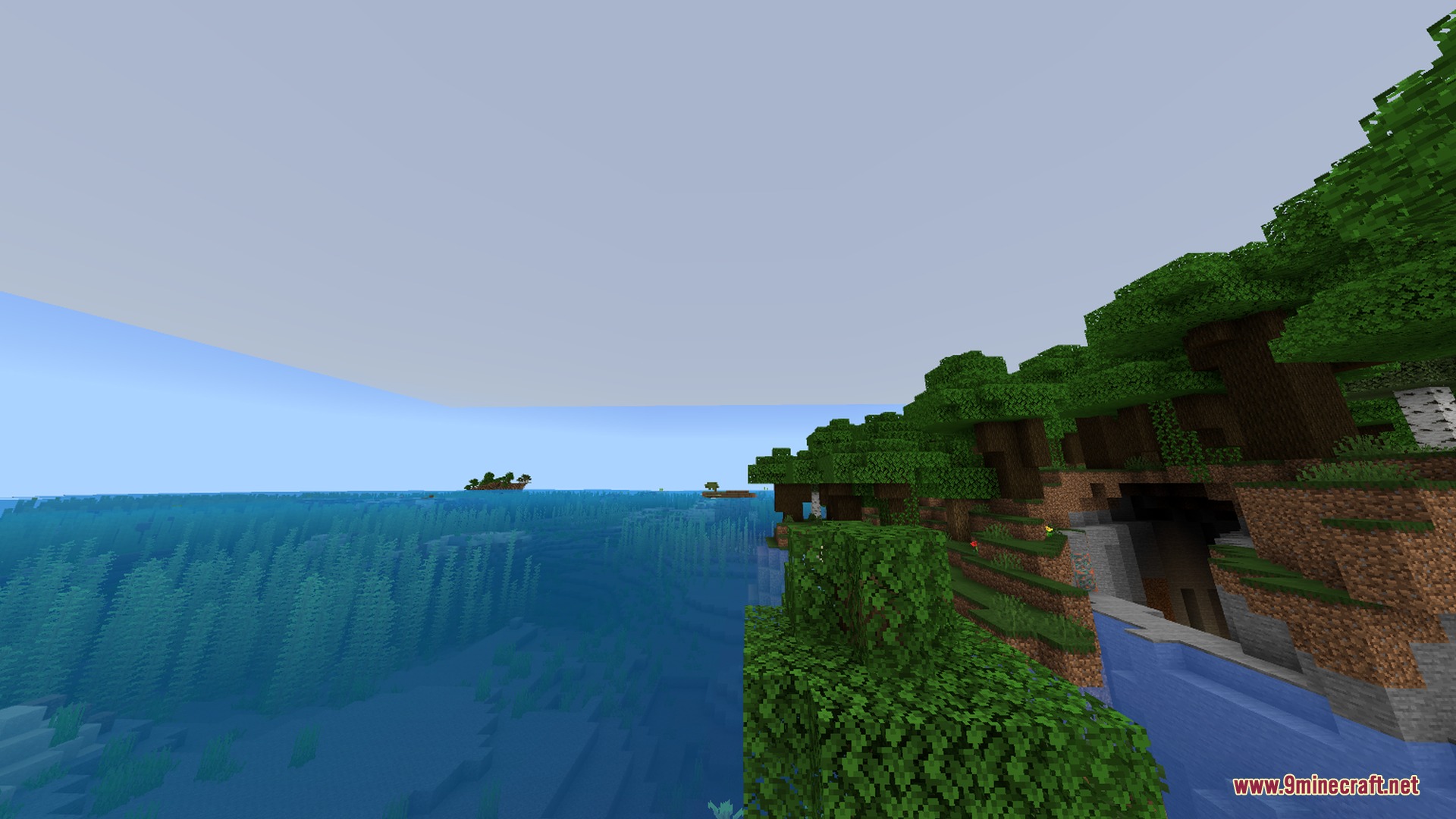 Newb X Manyzz IOS Shader Screenshot 2 Lush green forest overlooking a vast blue ocean with vibrant plant colors