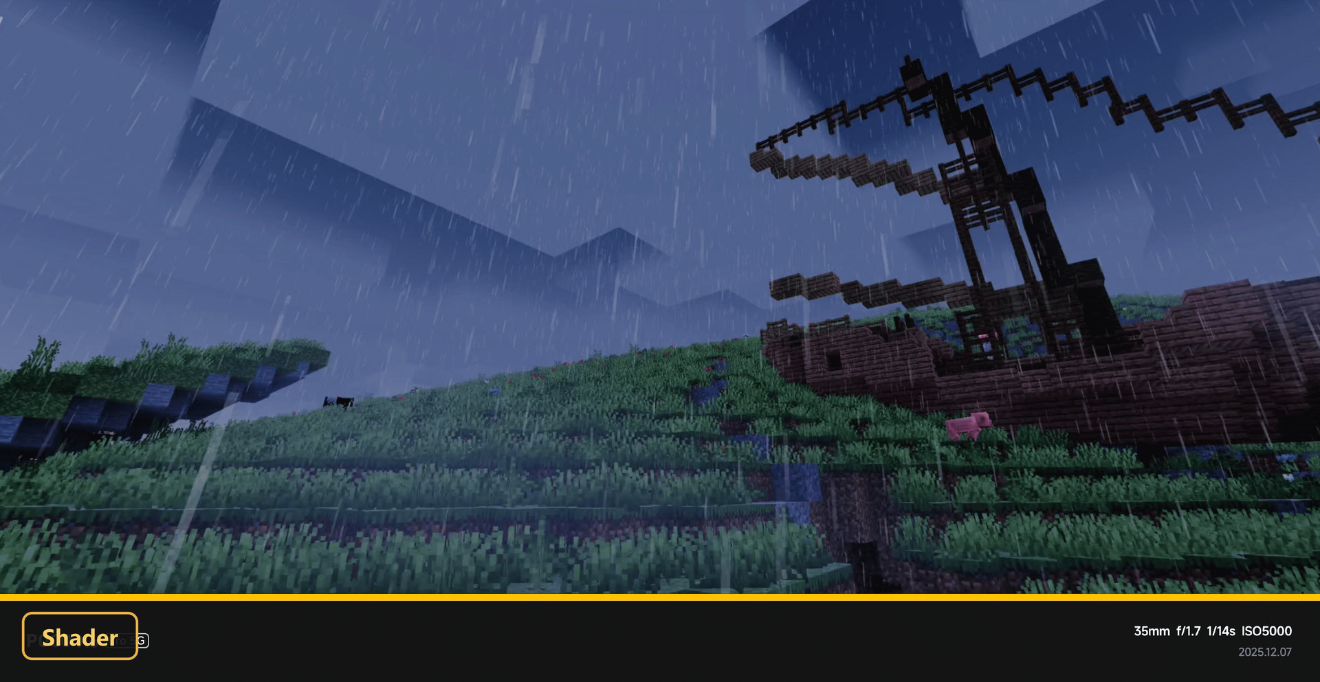 Rainy scene with a shipwreck on a grassy hill, dark sky