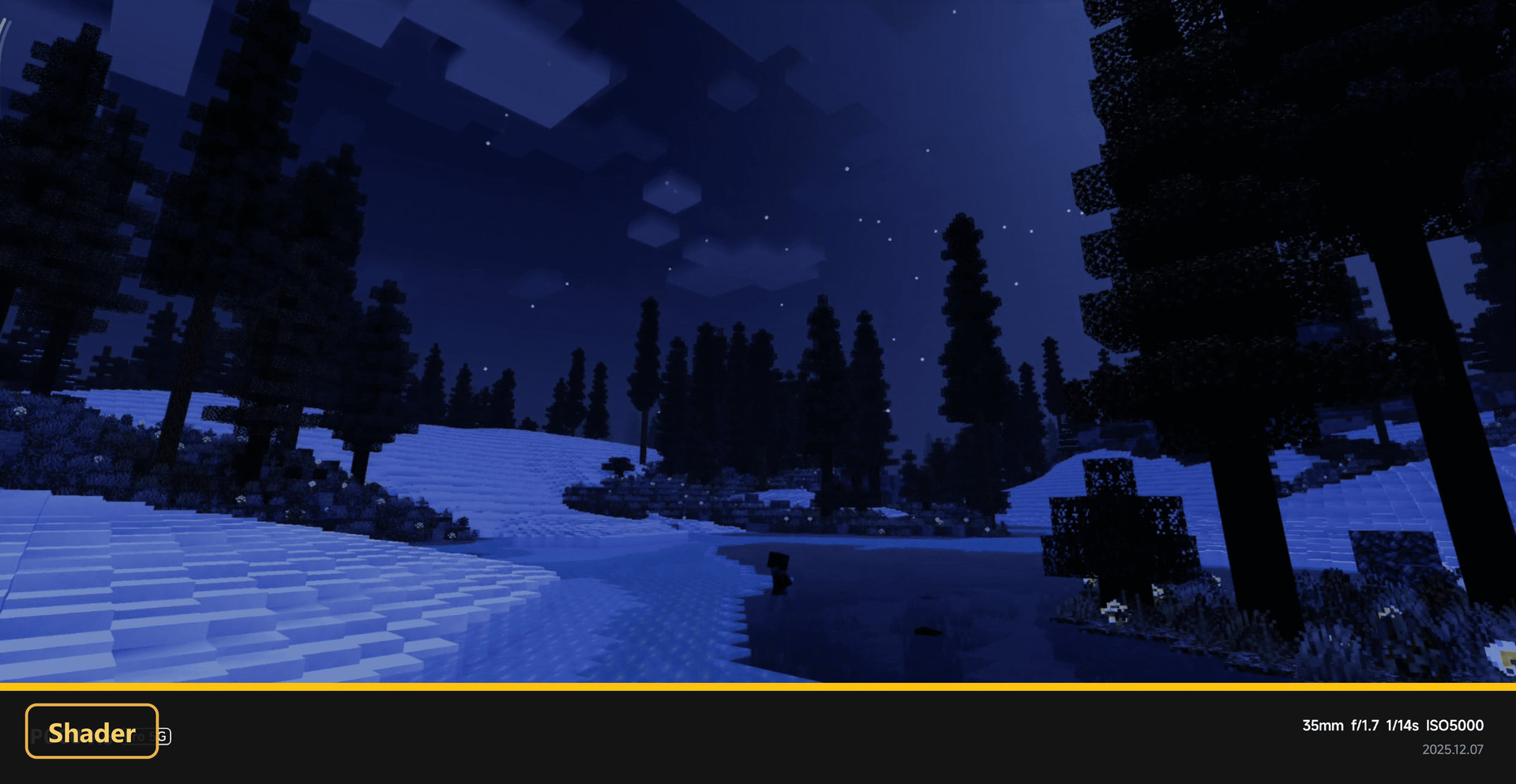 Snowy forest at night with a frozen lake under a starry sky