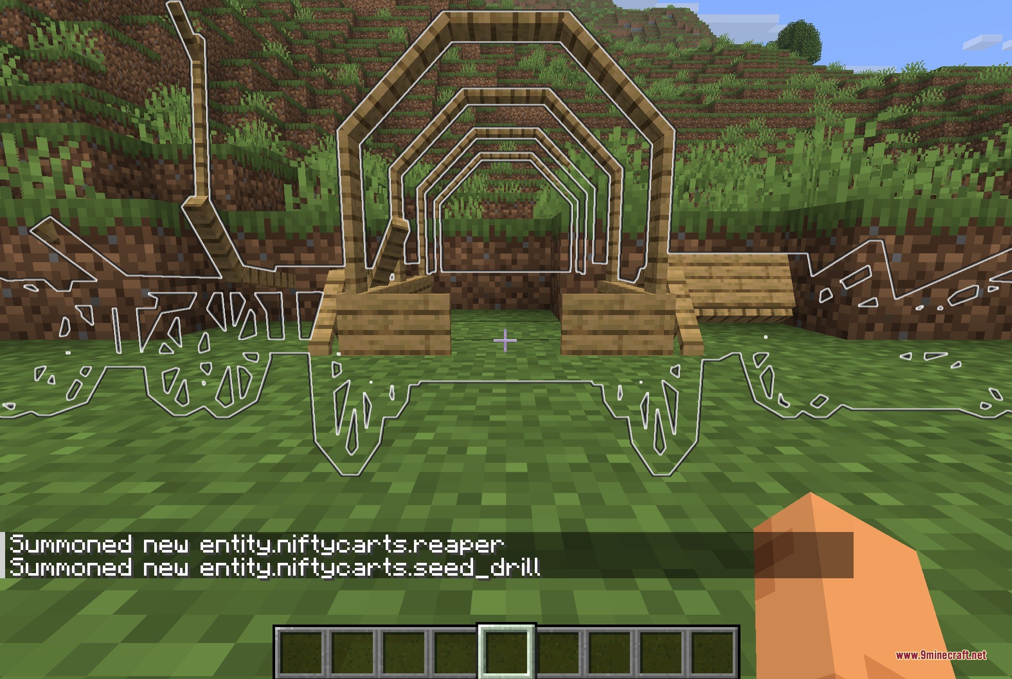NiftyCarts 9minecraft Mod Screenshot 1 Weiße Umrisse des Schnitters und der Sämaschine aus der NiftyCarts Mod